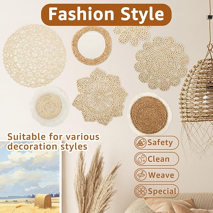 HJJWNDDNG 7 Pack Boho Wall Basket Decor Set, Hanging Woven Seagrass Rattan Wicker Boho Wall Decor, Round Farmhouse Wall Hanging Baskets Rustic Flat Wall Art for Living Room Bedroom Kitchen (Style 4)