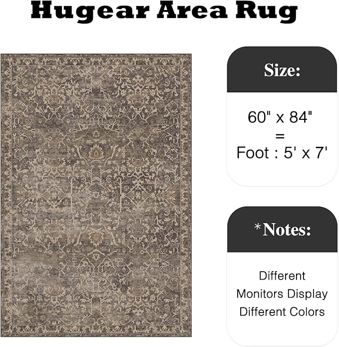 HUGEAR Area Rug 5x7 Retro Brown Machine Washable Living Room Rugs Distressed Vintage Floral Vacuumable Low Pile Carpet Bedroom Office Dining Room Laundry Room Non Slip Soft Lightweight