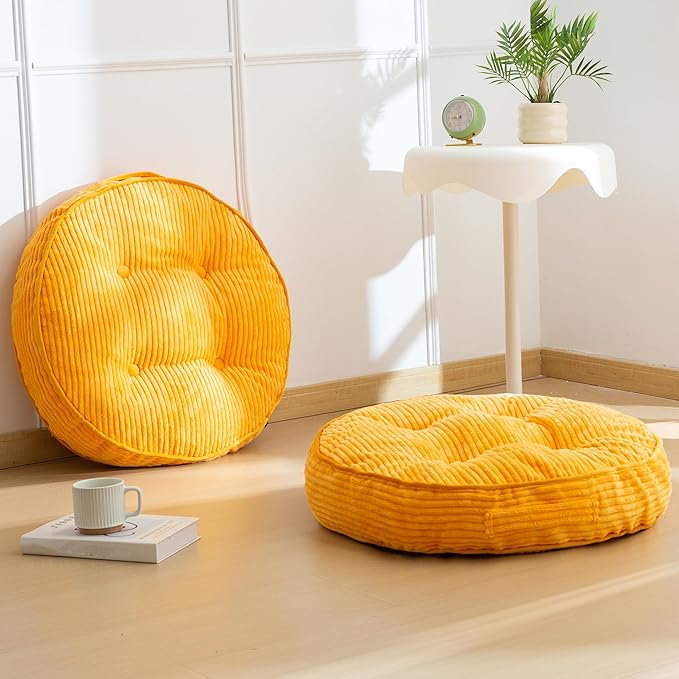HIGOGOGO Floor Pillow Cushion for Adults, Meditation Cushion Pillow, Large Round Floor Sitting, Tufted Corduroy Cover, for Tatami Living Room or Yoga, 22x22 Inch, 2Pack, Orange