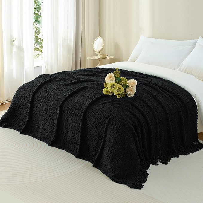 Throw Blanket for Couch, Black Luxury Knitted Throws 50"x60", Textured Blankets with Handmade Fringe Tassels for Bed Sofa Decorative, Chunky Soft Farmhouse Boho Home Decor
