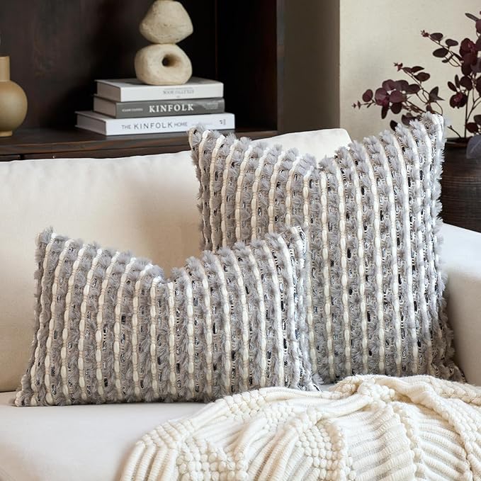 Aeckself Handmade Boho Chenille Tufted Pillow Cover 12x20 Inch, Rectangle Decorative Lumbar Throw Pillow Cover Neutral Pillowcase for Couch Bedroom Living Room, Grey Blue