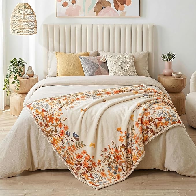 Lahome Floral Fleece Blanket for Women Girls Dorm Boho Decor, Small Throw Blanket for Couch Bed Chair Cover, Decorative Fleece Blanket Throws Mom Gift Spring Home Decor,Orange Wild Flower 50x60