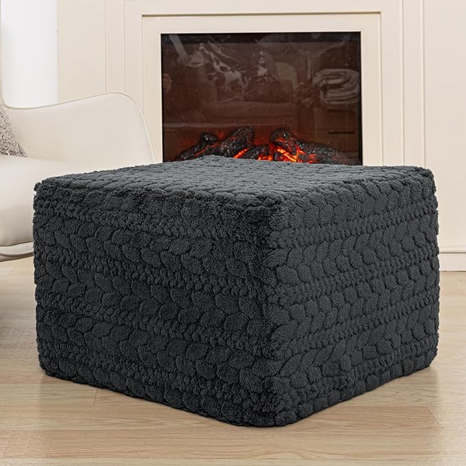 20x20x14 Inches Fluffy Square Pouf Ottoman - Plush Furry Boneless Ottoman Foot Rest Stool with High-Density Foam, Versatile Floor Seating for Living Room (Gray)