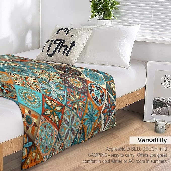 Boho Floral Throw Blanket Mandala Colorful Bohemian Flowers Art Pattern Blanket for Sofa Bed Couch Chair Or Dorm 60"x80"