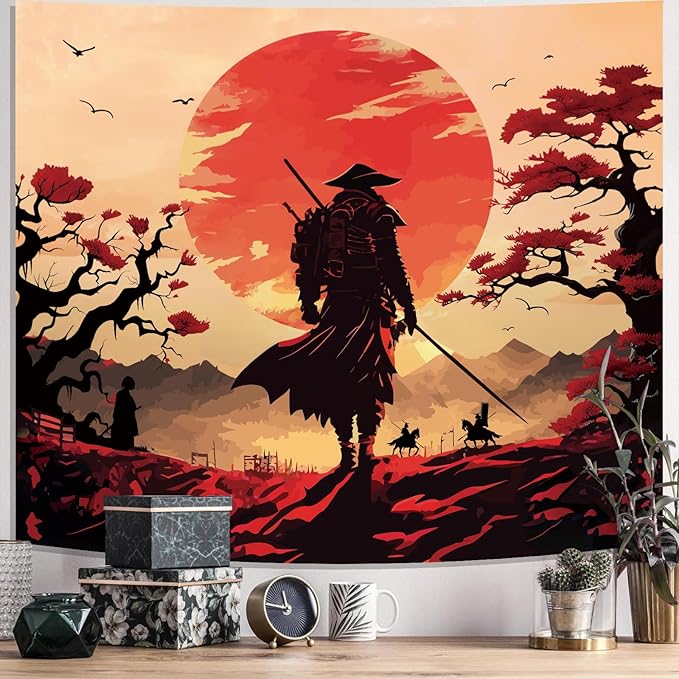 Atrippy Japanese Anime Samurai Tapestry, Cool Black Desert Red Sun Wall Hanging for Bedroom Aesthetic, Asian Japanese Sunset Wall Art Tapestries Poster Home Decor for Living Room Dorm 51x60 Inches