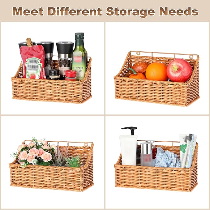 OwnMy 2PCS Plastic Wicker Hanging Basket Wall Mount Storage Baskets for Kitchen Organizing Fruit, Onion, Potato, Vegetable, Hanging Fruit Baskets for Kitchen Counter/Pantry/Cabinet