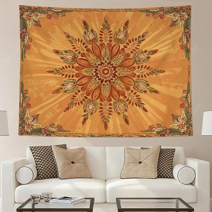 Accnicc Boho Floral Mandala Tapestry for Bedroom Bohemian Flower Wall Tapestry Aesthetic Small Vintage Orange Hippie Indian Tapestries Wall Hanging for Living Room Dorm Decor 48 x 36 Inch