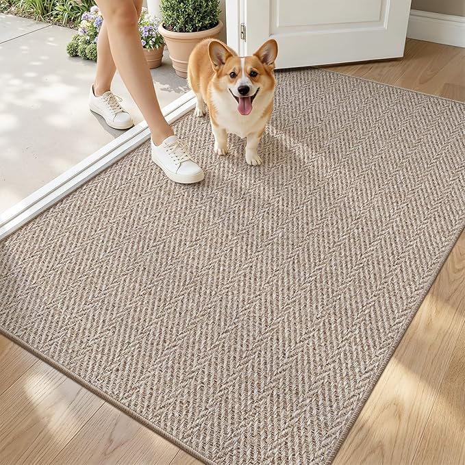LUMI Ultra Thin Indoor Door Mat for Entrance 36"x56", Non Slip Entryway Mat, Low Profile Doormat, Unique Herringbone Design Carpet for Inside, Patio, Porch, Dark Beige