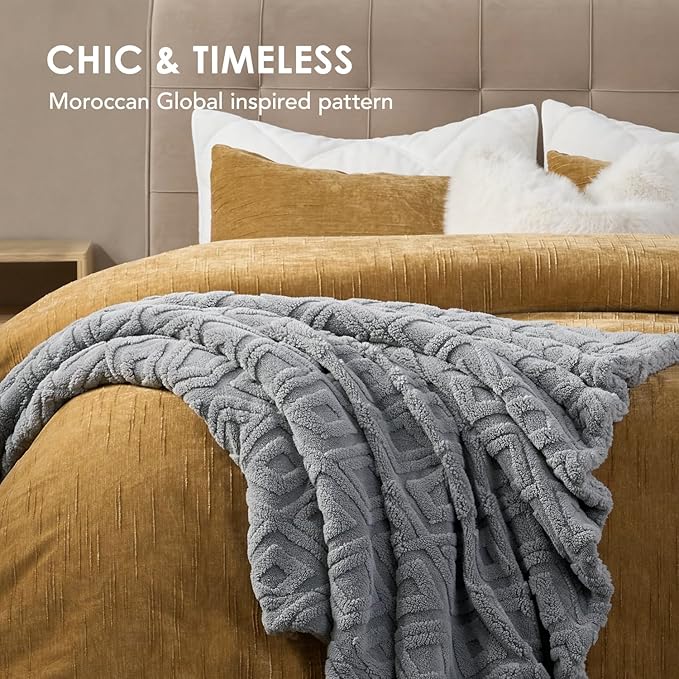EverGrace Jacquard Boho Sherpa Fleece Throw Blanket for Couch, Super Soft Cozy Fuzzy Plush Blankets for Winter, Reversible Thick Warm Blanket for Bed, Sofa, Living Room, Grey, 60" x 80"