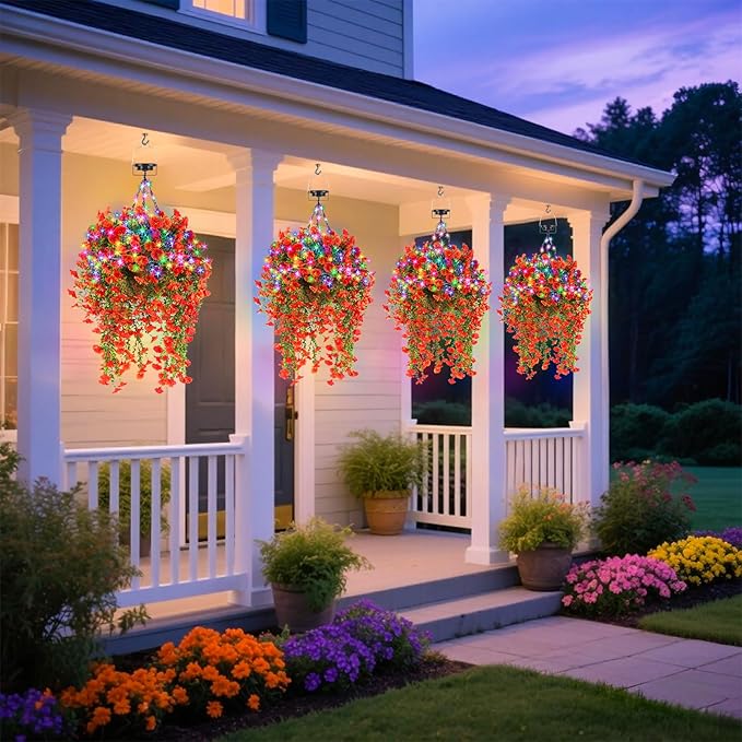 Outdoor Hanging Artificial Flowers Basket: Realistic Fake Plants Basket with Solar String Lights for Home Garden Enthusiasts - 10 Inch Faux Silk Flower Baskets for Porch Wall Patio Tree Decor
