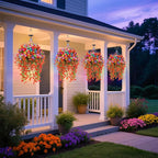 Outdoor Hanging Artificial Flowers Basket: Realistic Fake Plants Basket with Solar String Lights for Home Garden Enthusiasts - 10 Inch Faux Silk Flower Baskets for Porch Wall Patio Tree Decor