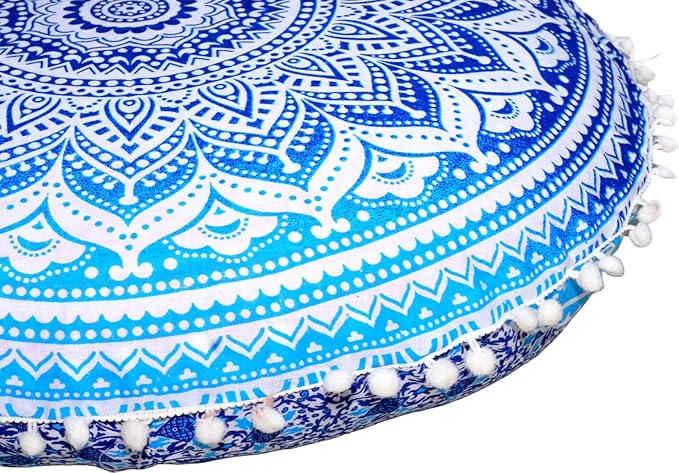 CRAFT KALA Mandala Floor Pillow Cushion Cover Seating Throw Cover Hippie Decorative Bohemian Ottoman Poufs Pom Pom Pillow Cases Boho Indian Cotton Living Room Yoga Home Décor (24" Round, Blue Ombre)
