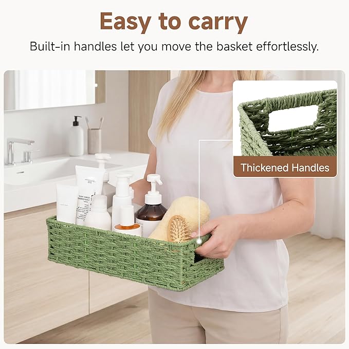 StorageWorks Small Wicker Toilet Basket Tank Topper with Built-in Handles, Toilet Paper Baskets for Back of Tank, Paper Rope Bathroom Basket Organizer and Storage for Sage Green Bathroom Decor, Green