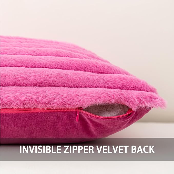 Pack of 2 Faux Fur Fall Throw Pillow Covers 24x24 Inch, Soft Plush Striped Neutral Couch Pillow Cover, with Velvet Back Modern Home Decor for Sofa Living Room Couch Bed Hot Pink
