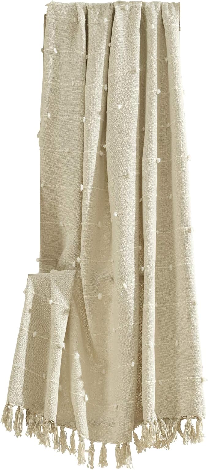 Lush Decor Boho Tufted Cotton Woven Tassel Fringe Throw Blanket Single 50" W x 60" L Neutral - Beige Throw Blankets for Bed - Couch Boho Blankets