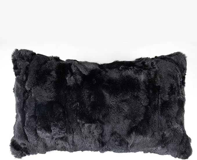 MOOX Rabbit Fur Throw Pillow Covers Decorative Fluffy Soft Fuzzy Plush Luxury Genuine Animal Skin Lumbar Pillow 12"x20" Cushion Cover, Couch-Black