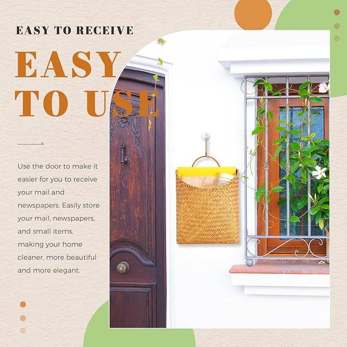 Boao 2 Pack Hanging Basket for Front Door Seagrass Wall Basket Hand Woven Different Sizes to Hold Flowers and Mail Wall Mounted Racks Storage Organize for Home Garden Farmhouse (Natural Color)