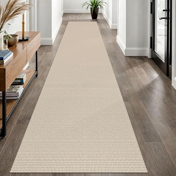 EARTHALL Woven Runner Rug 2.6x12 Ft Washable Runners for Hallways Extra Long Cotton Non Slip Rubber Backed Kitchen Runner Braided Indoor Floor Carpet for Entryway, Hall, Kitchen, Beige/Khaki