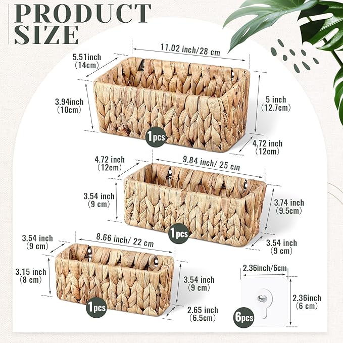 3 Pcs Woven Hanging Wall Baskets for Storage Seagrass Wall Mount Organizer with 6 Mounting Hooks Decorative Bathroom Basket for Boho Room Decor Letters Mail Kitchen