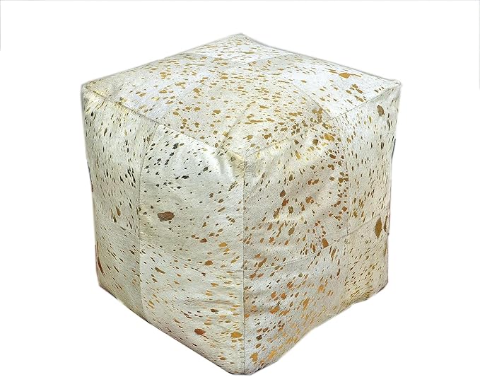Unstuffed Premium Hair-on Leather Ottoman Pouf Cover, Boho Handmade Genuine Cowhide Square Footstool, Modern Cube Ottoman Footrest for Home Decor Living Room, Bedroom - 18X18 Inch, White & Gold