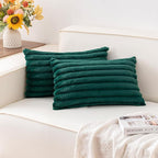 Pack of 2 Faux Fur Fall Throw Pillow Covers 12x20 Inch, Soft Plush Striped Neutral Couch Pillow Cover, with Velvet Back Modern Home Decor for Sofa Living Room Couch Bed Blackish Green