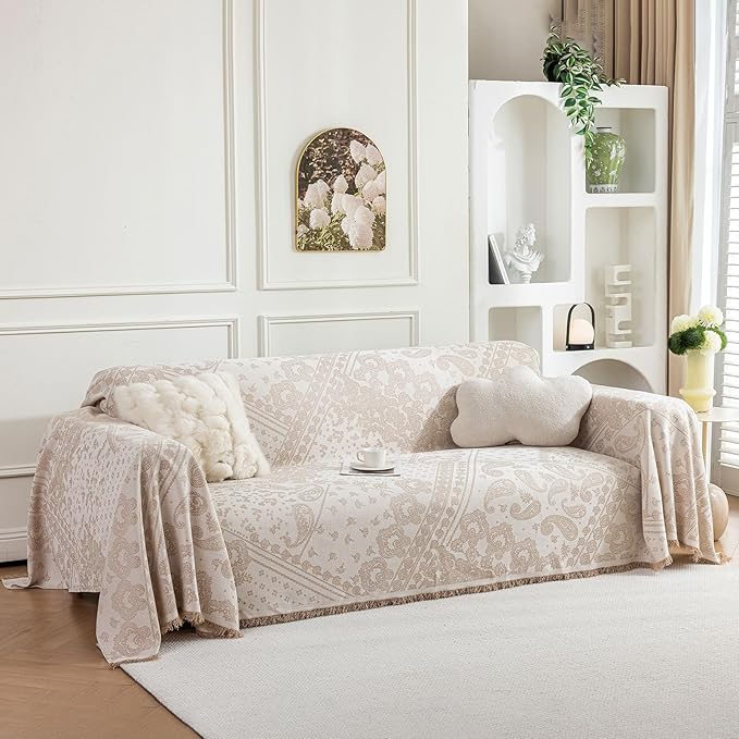 ROOMLIFE Beige Couch Covers for Sofa, Sofa Covers Washable Non Slip Furniture Protector Couch Sofa Covers for 3 Cushion Couch, Breathable Sofa Slipcovers Couch Cover Blanket with Tassels 71" X 118"