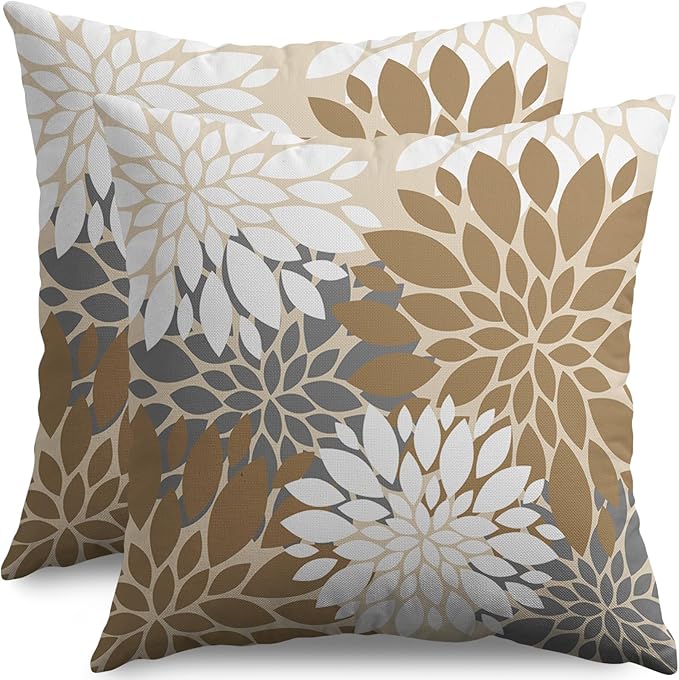 Brown White Grey Gray Pillow Covers 20X20 Inch Set of 2, Spring Modern Geometry Dahlia Floral Print Decorative Throw Pillow Covers Outdoor Farmhouse Cushion Case for Couch Sofa Bed Decor