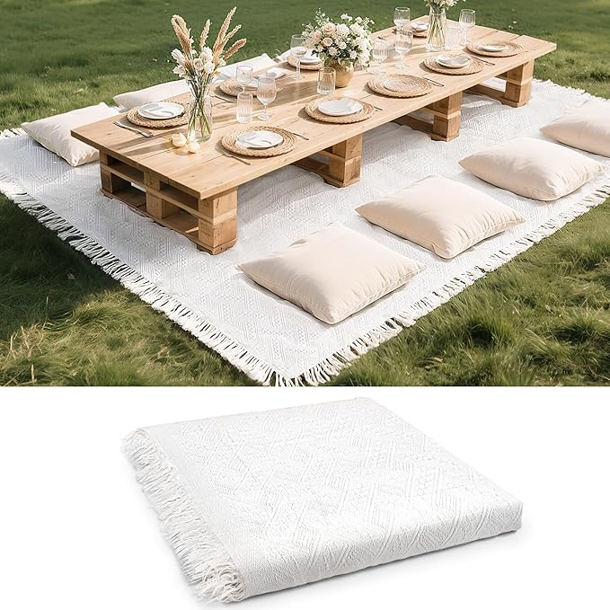 165 x 91 Extra Large White Outdoor Picnic Blanket, Woven Cotton Yarn Oversize Portable Blanket with Fringe for Camping, Lawn or Wedding Photoshoot. Indoor Bohemia Decorations, Machine Washable