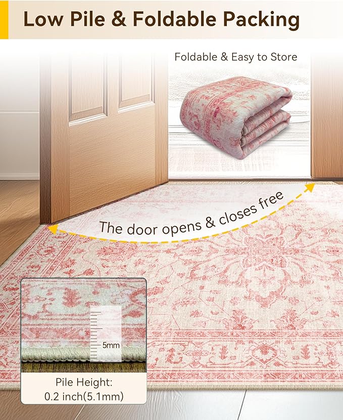 Area Rugs 5'x7' Washable Non-Slip, Floral Vintage Distress Print Pattern Medallion Carpet for Living Room Bedroom Dining Room, Pink Light Vintage Pink