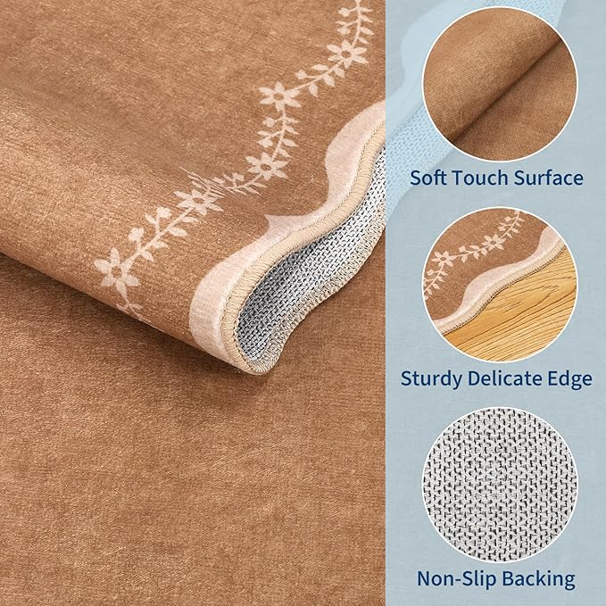 GarveeHome 2.6x10 Scalloped Washable Runner Rug for Kitchen, Soft Brown Long Hallway Runner Non Slip Entryway Rug Farmhouse Thin Laundry Mat Stain Resistant Carpet for Bathroom Beside Rug
