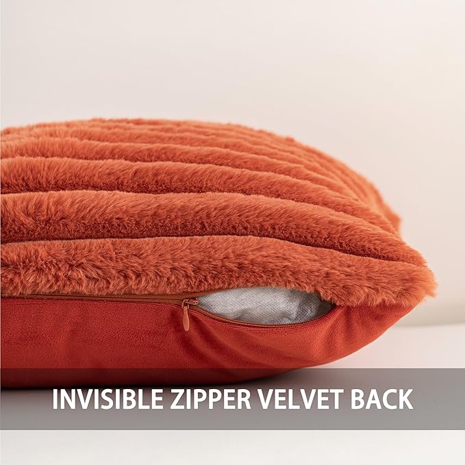 Pack of 2 Faux Fur Fall Throw Pillow Covers 22x22 Inch, Soft Plush Striped Neutral Couch Pillow Cover, with Velvet Back Modern Home Decor for Sofa Living Room Couch Bed Rust