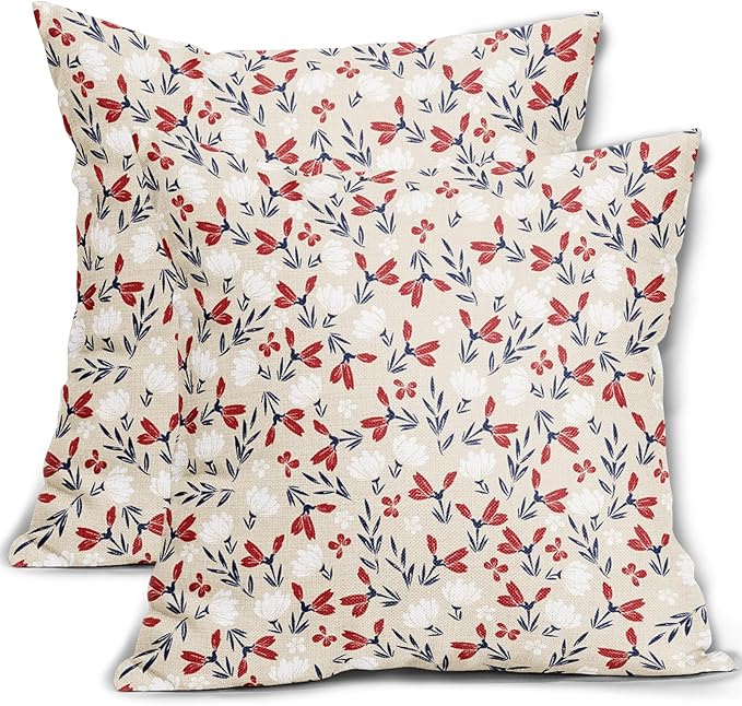 4th of July Floral Pillow Covers 24x22 Set of 2 Vintage Rustic Old Style Navy Blue Red White Flower Print Decorative Outdoor Pillowcases Patriotic Throw Cushion Case Decor for Couch Sofa Bed