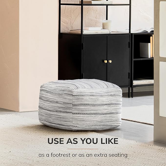 Anji Mountain Pouf Ottoman Foot Rest, Handmade Ottoman Pouf, Comfortable Foot Stool, Decorative Floor Seating for Living Room Decor, Bedroom & Home Décor Accent - Shadowed Stripe