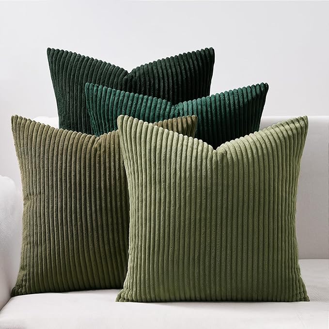 Topfinel Christmas Decorative Throw Pillow Covers Green Series,Winter Fluffy Corduroy Striped Euro Pillows Shams for Couch Bed Bedroom,Western Modern Hunter Green Pillowcase 24x24 Inch Set of 4