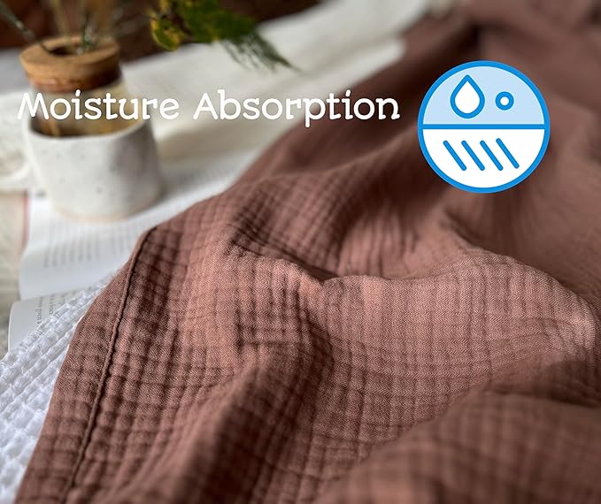 KyraHome 100% Cotton Throw Blankets, 90“x90” Queen, Organic Cotton Blanket, Plant Dyed, Breathable Lightweight Muslin Blankets for Adult, Kids, Bed, Couch, All Season, (Brown)