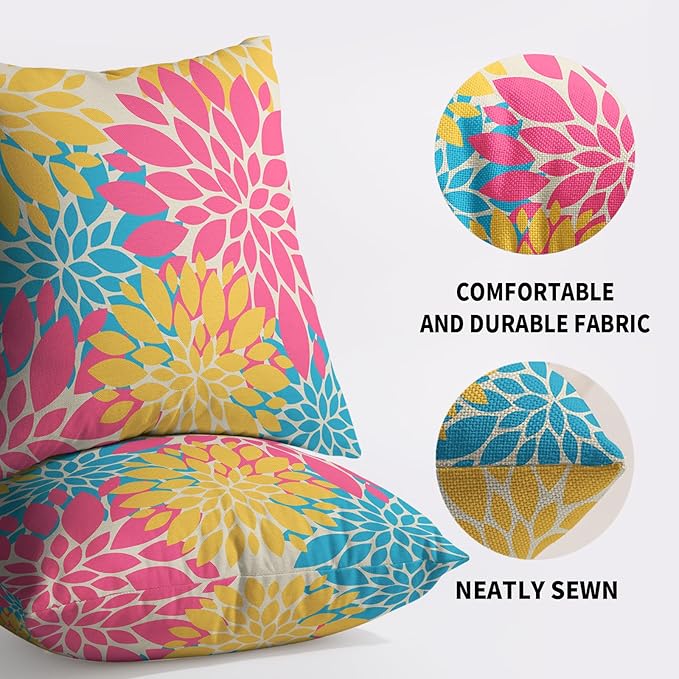 Hot Pink Blue Yellow Pillow Covers 22X22 Inch Set of 2, Modern Dahlia Floral Print Summer Decorative Throw Pillow Covers Outdoor Farmhouse Cushion Case for Home Couch Sofa Bed Decoration