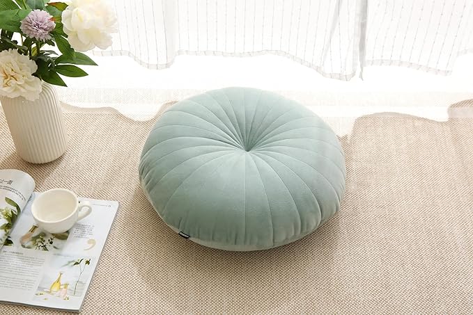 Floor Pillow Meditation Cushion Round Large Floor Pillows Seating for Adults, Velvet Thick Floor Cushions for Yoga Living Room Balcony Outdoor Tatami 18inches（Green）