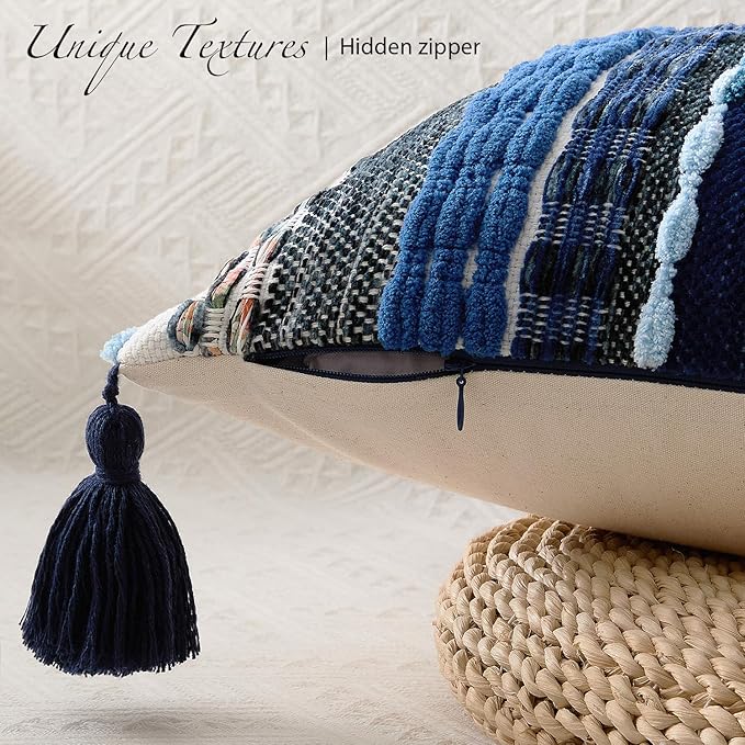 Kevin Textile Spring 12x24 Inch Lumbar Throw Pillow Cover 1 Pack Boho Decorative Soft Chenille Thread Woven Tufted Textured Rectangle Cushion Case Accent for Living Room Couch Sofa Bed, Blue