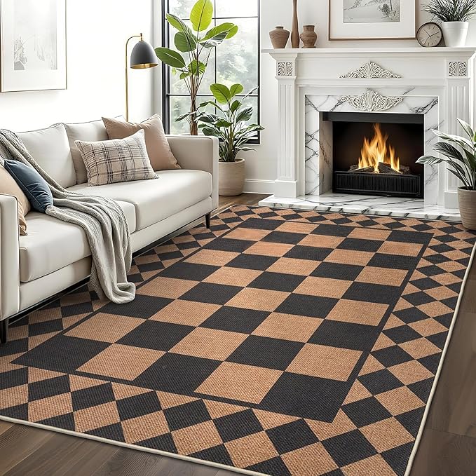 GarveeHome Easy Jute Rug 9x12 Washable Rugs for Living Room Checkered Indoor Outdoor Rug for Patio Non-Slip No Shed Jute Rugs Geometric Carpet for Farmhouse Dining Room Backyard Office, Black Brown