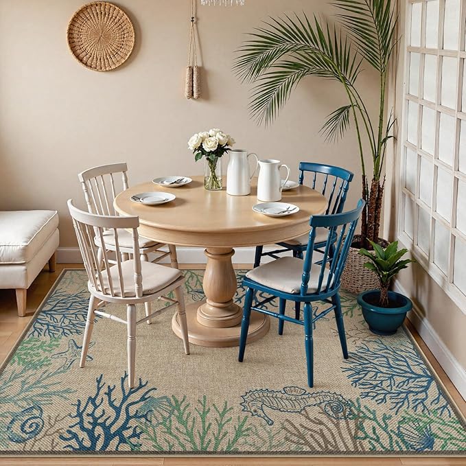 LIVEBOX Modern Easy Jute 5x7 Outdoor Rug, Washable Area Rugs for Living Room Patio Coastal Animal Indoor Outdoor Rug, Boho Farmhouse Non Slip Carpet for Backyard Foyer Dining Room(Olive, 5'x7')
