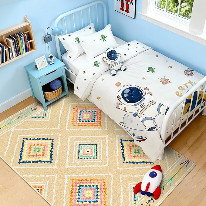 Area Rug 6x9 Rug Machine Washable Non-Slip Low Pile Print Pattern Western Rug for Living Room Bedroom Entryway Tribal Series -Cream/Beige