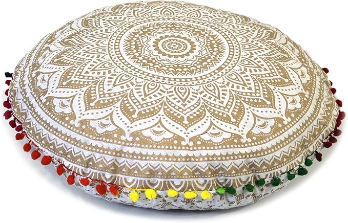 Round Mandala Floor Pillow Cover Seating Cushion Throw Cover Hippie Decorative Bohemian Ottoman Pouf Cover, Pom Pom Pillow Cases,Boho Indian 22 Inches (White Gold)