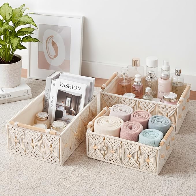ANMINY 3PCS Macrame Storage Baskets for Organizing Boho Decor Baskets Storage Bins with Wood Handles & Beads Handmade Decorative Storage Boxes with Removable Liner Toilet Tank Bathroom Self Basket