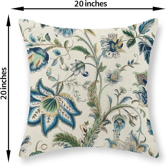 Blue Green Pillow Covers 20x20 Set of 2 Sage Green Chinoiserie Floral Throw Pillows Boho Vintage Flowers Decorative Pillowcase Outdoor Chinoiserie Decor Farmhouse Cushion Case for Couch Sofa