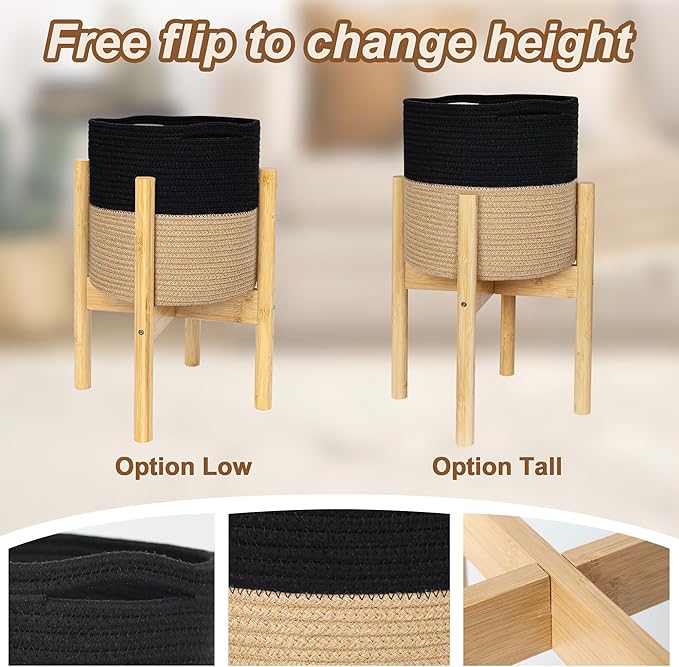 Plant Basket with Stand, Indoor Round Wicker Basket Plant with Bamboo Wood Stand, Decorative Black Woven Cotton Rope Flower Indoor Planter with Legs, Boho Bamboo Wood Planter Holder