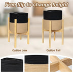 Plant Basket with Stand, Indoor Round Wicker Basket Plant with Bamboo Wood Stand, Decorative Black Woven Cotton Rope Flower Indoor Planter with Legs, Boho Bamboo Wood Planter Holder