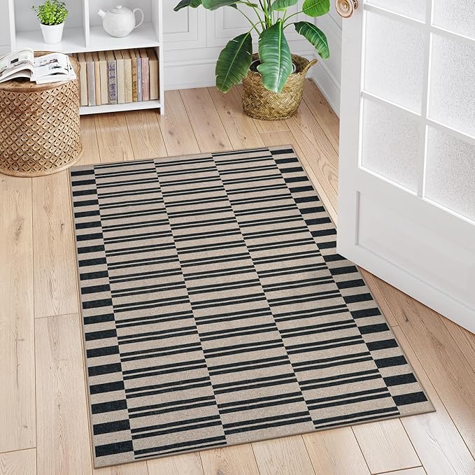 Lahome Elance Striped Easy Jute Rug, 3x5 Outdoor Patio Porch Rug Washable Rugs for Entryway, Indoor Outdoor Living Room Carpets, Farmhouse Neutral Non Slip Black Carpet for Backyard Bedroom RV