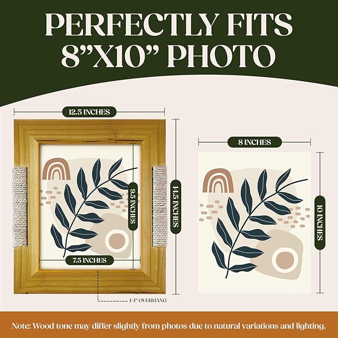 Boho Picture Frame for 8x10 Inch Photo or Artwork | 11x13 Outer Edge | Boho, Coastal, or Modern Photo Frame, Wooden Decorative Frame with Tabletop Stand and Wall Mount | Golden Brown