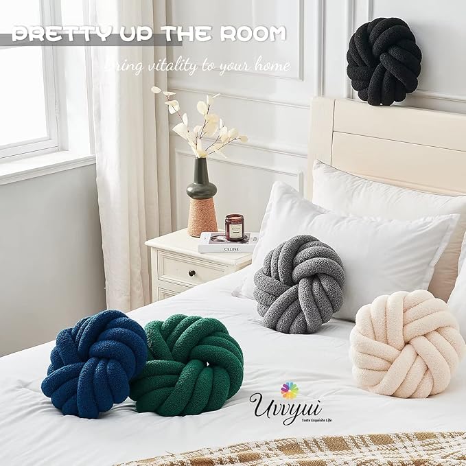 Uvvyui Knot Pillows, 14 Inch Decorative Throw Pillows Round Pillows Cushion, Soft Handmade Knotted Ball Pillow Plush Cushion Home Decor for Bed Couch Living Room (Black, 14 Inch)