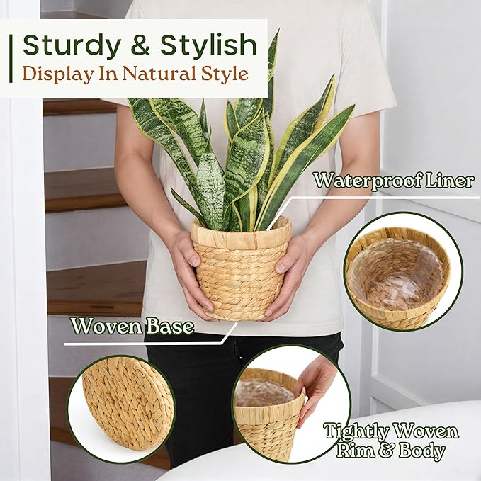 Indoor Water Hyacinth Plant Basket Set of 3, Woven Planter Baskets with Plastic Liner for Plants, Handwoven Plant Pots Decorative Wicker Planters for Home Décor (Saucer NOT Included)